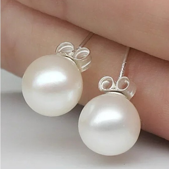 893. Freshwater Cultured Pearl .925 Sterling Silver Button Ball Stud Earrings - Picture 3 of 6